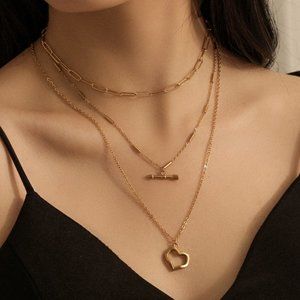 18k Gold Plated Three Layered Heart Love Arrow Necklace